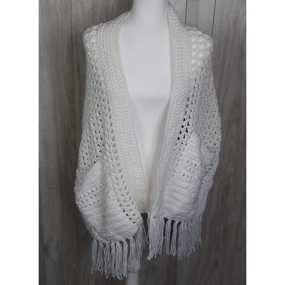 New Handmade Crochet Fringed Shawl with Pockets